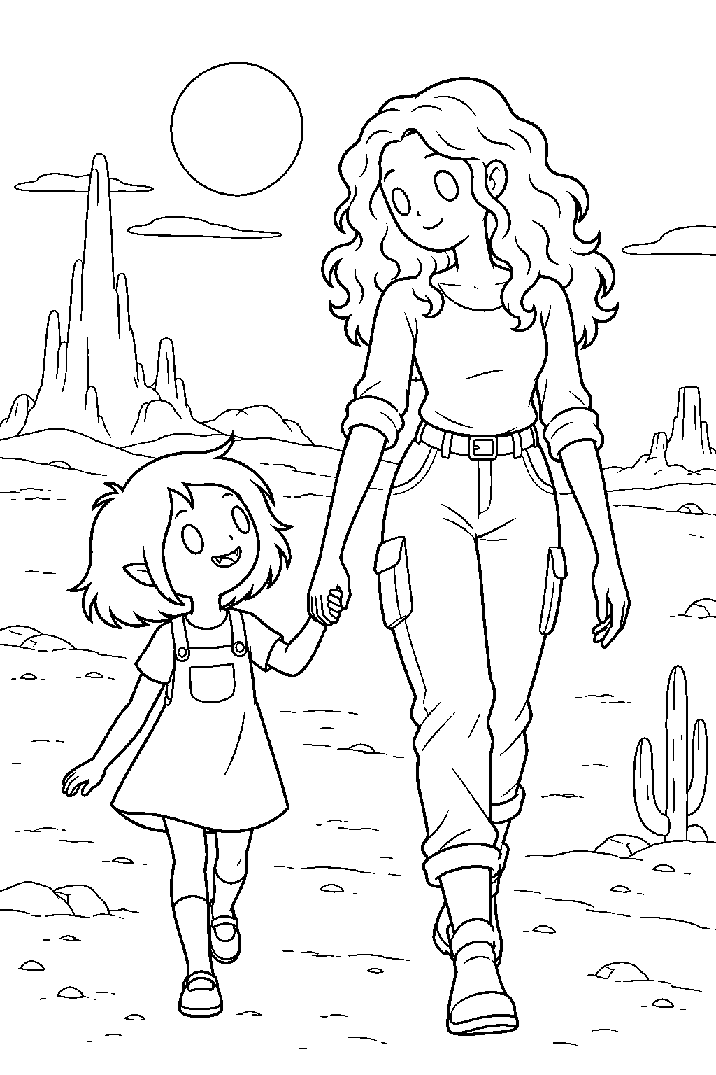 adventure time young marceline walking through the desert with her mother elise line art