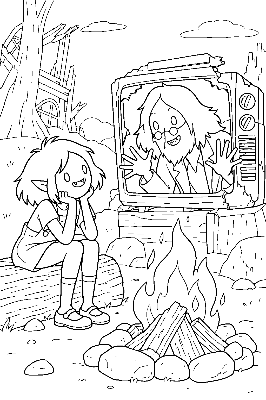 adventure time young marceline watching simon petrikov act through a broken television at their campfire line art