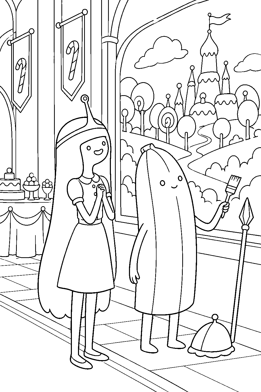 adventure time princess bubblegum admiring banana guard 16 s mural in the banquet hall line art