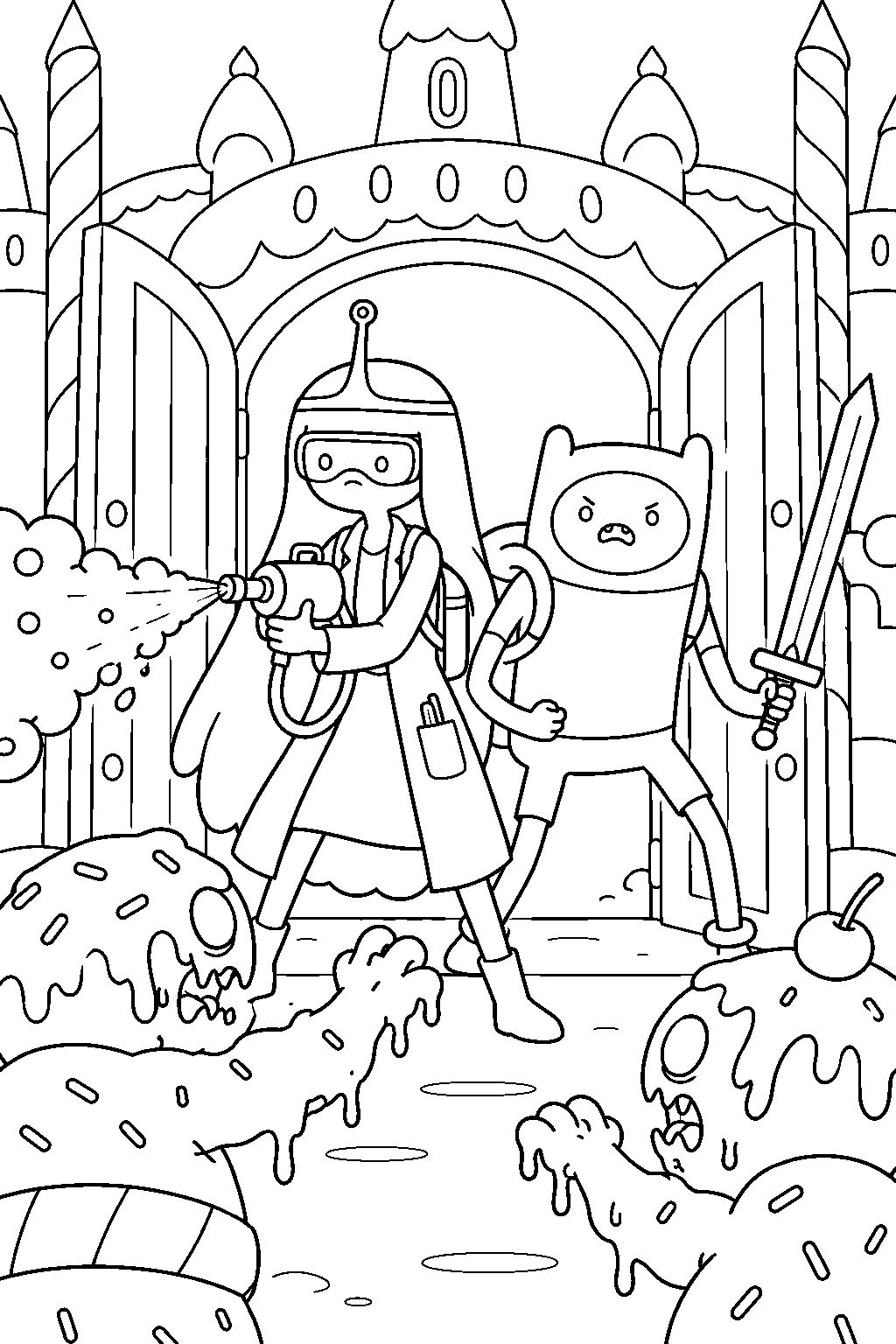 adventure time princess bubblegum and finn protecting the candy castle from candy zombies line art