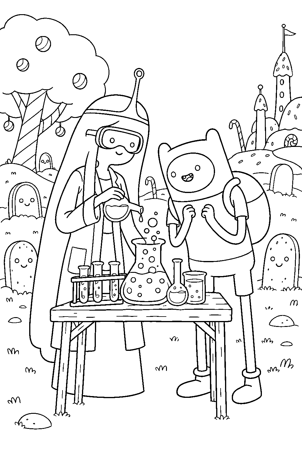 adventure time princess bubblegum and finn testing the decorpsinator serum in the candy graveyard line art