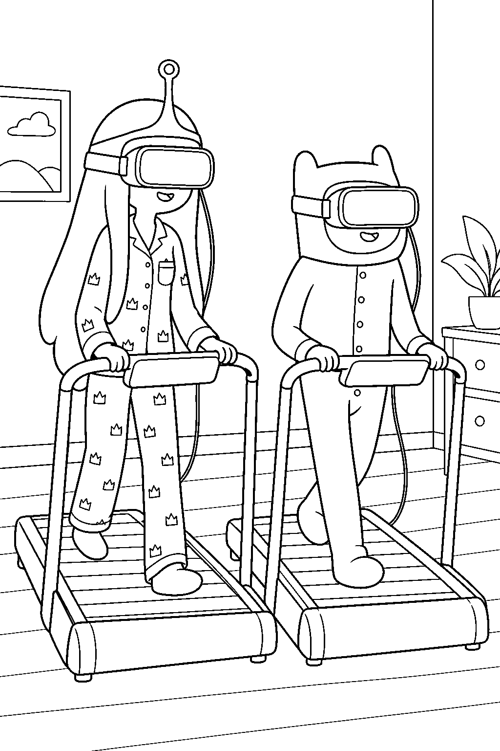 adventure time princess bubblegum and finn using virtual reality headsets on treadmills line art
