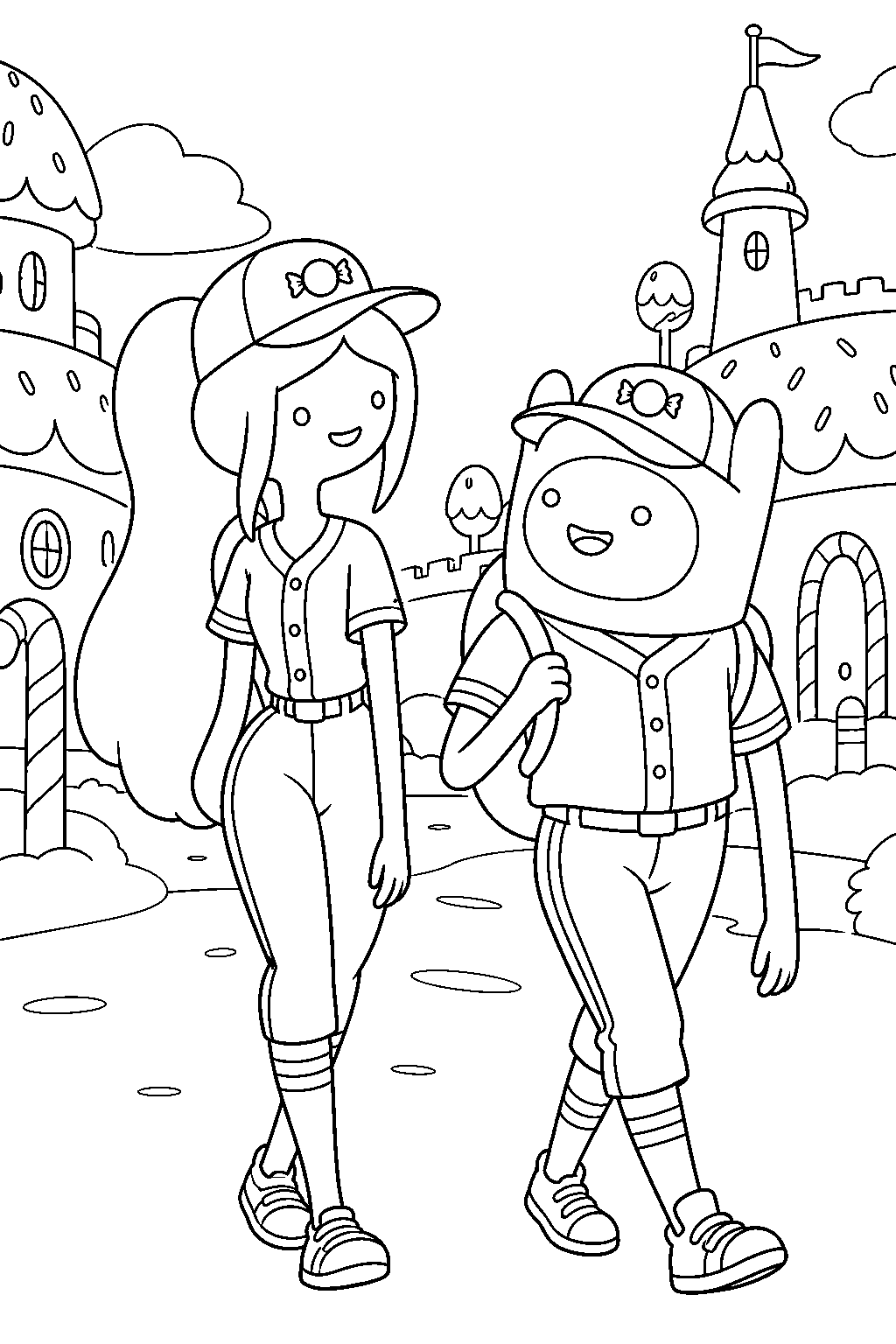 adventure time princess bubblegum and finn walking through the candy kingdom in their baseball uniforms line art