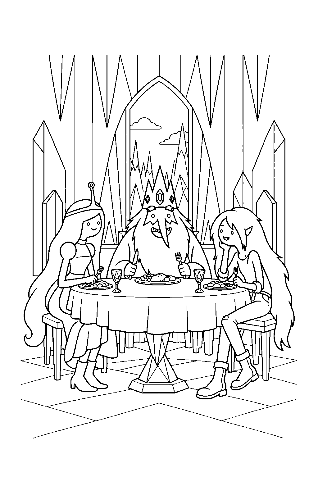 adventure time princess bubblegum and marceline attending ice king s dinner party in the ice castle line art