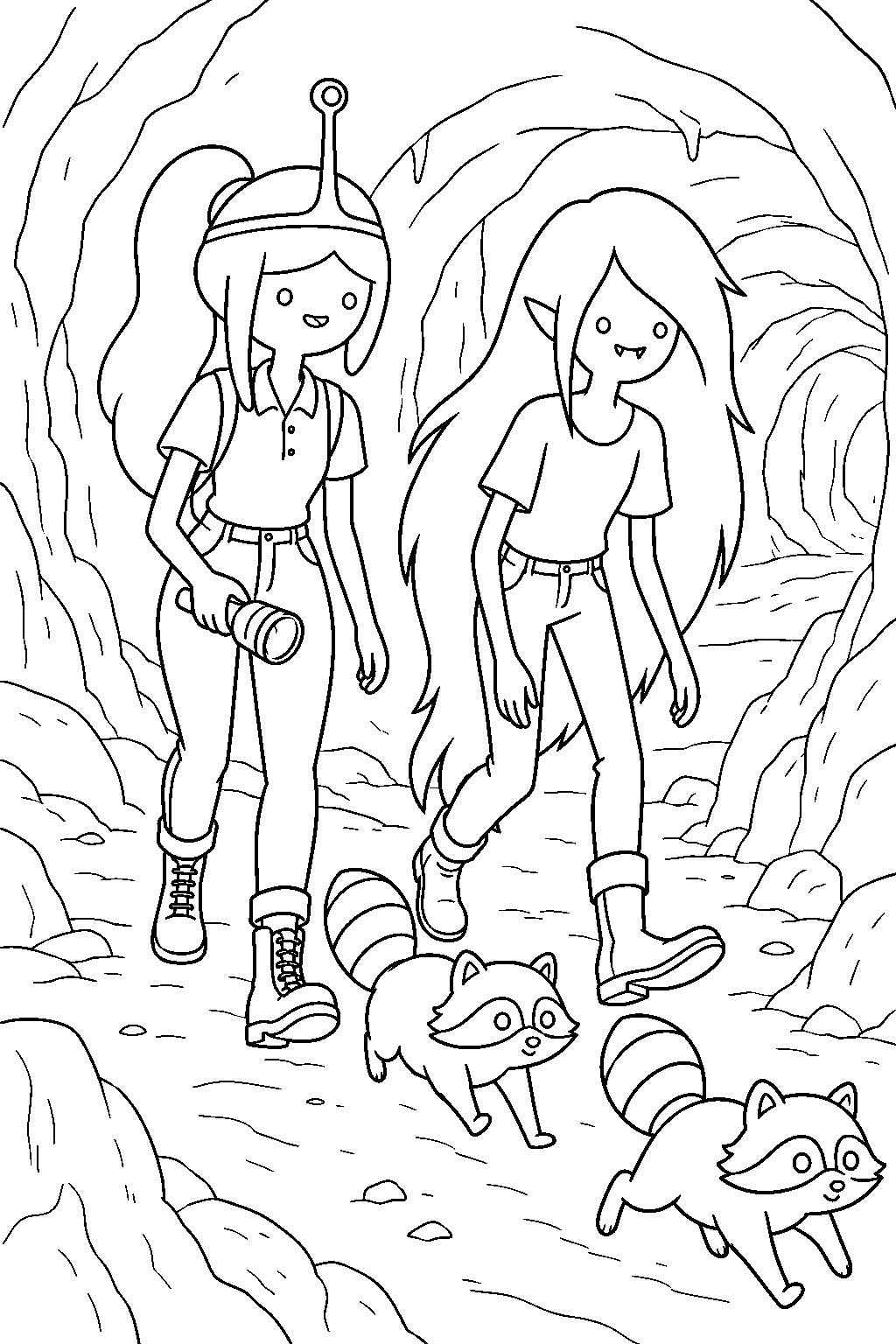 adventure time princess bubblegum and marceline chasing varmints through underground tunnels line art