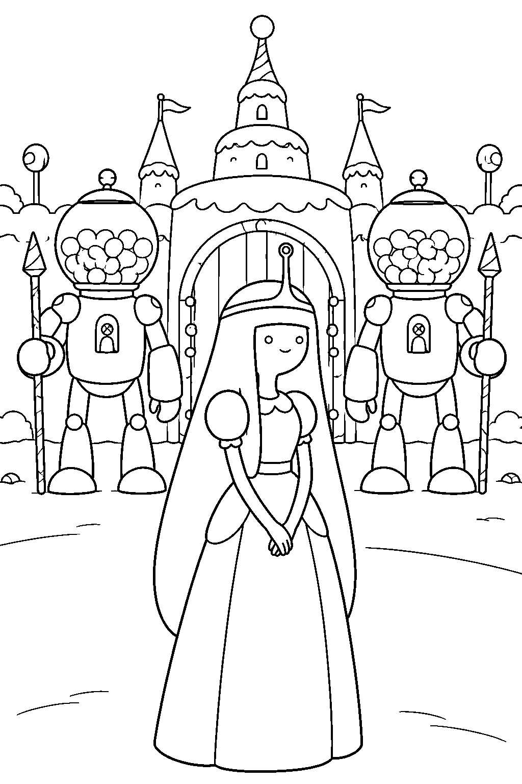 adventure time princess bubblegum beside the gumball guardians at the candy castle gates line art