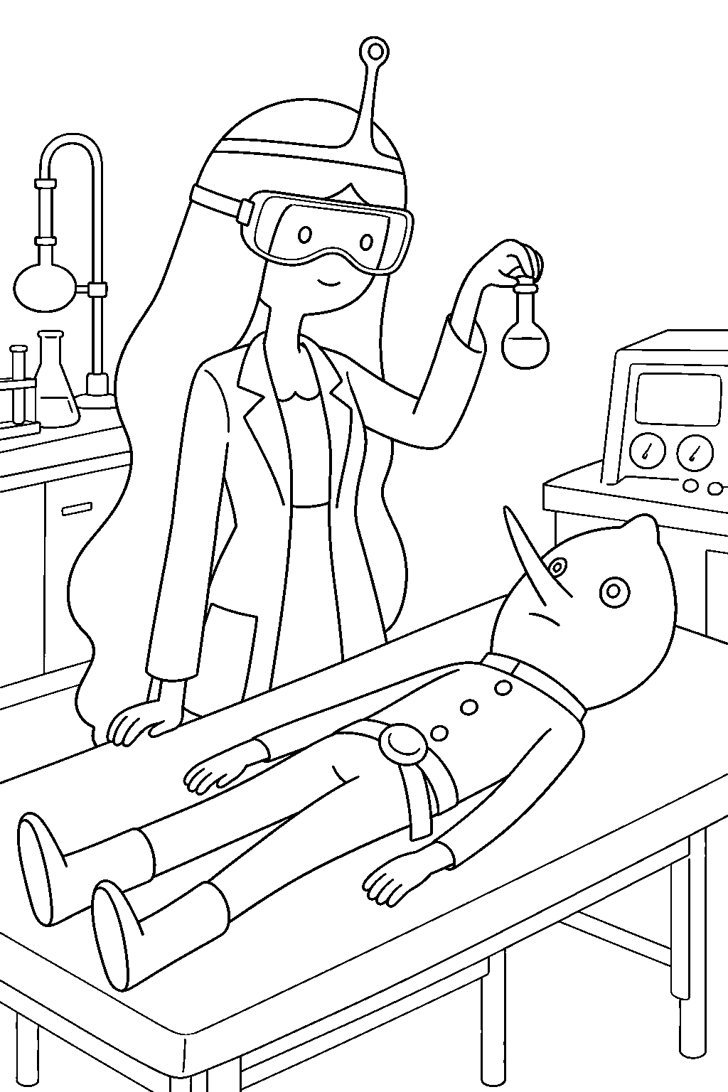 adventure time princess bubblegum bringing lemongrab to life on her laboratory table line art