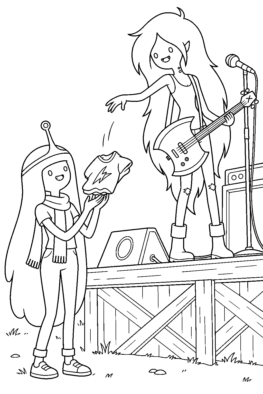 adventure time princess bubblegum catching marceline s rock shirt during her concert line art