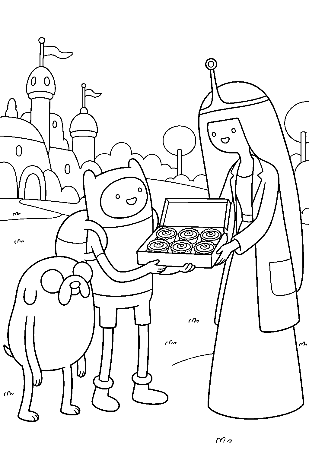 adventure time princess bubblegum giving finn and jake a box of royal tarts line art