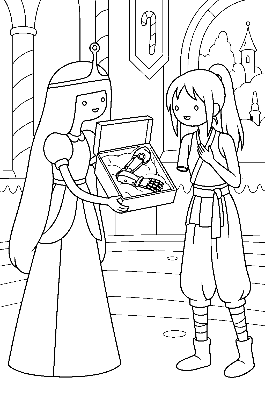 adventure time princess bubblegum giving shoko a boxed mechanical arm inside the candy castle line art