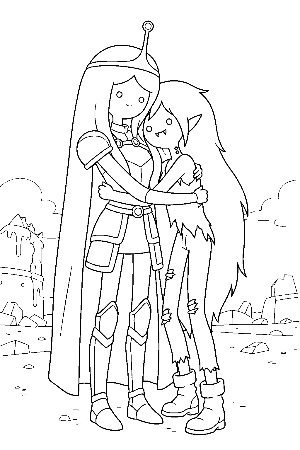 adventure time princess bubblegum hugging marceline after the battle with golb line art