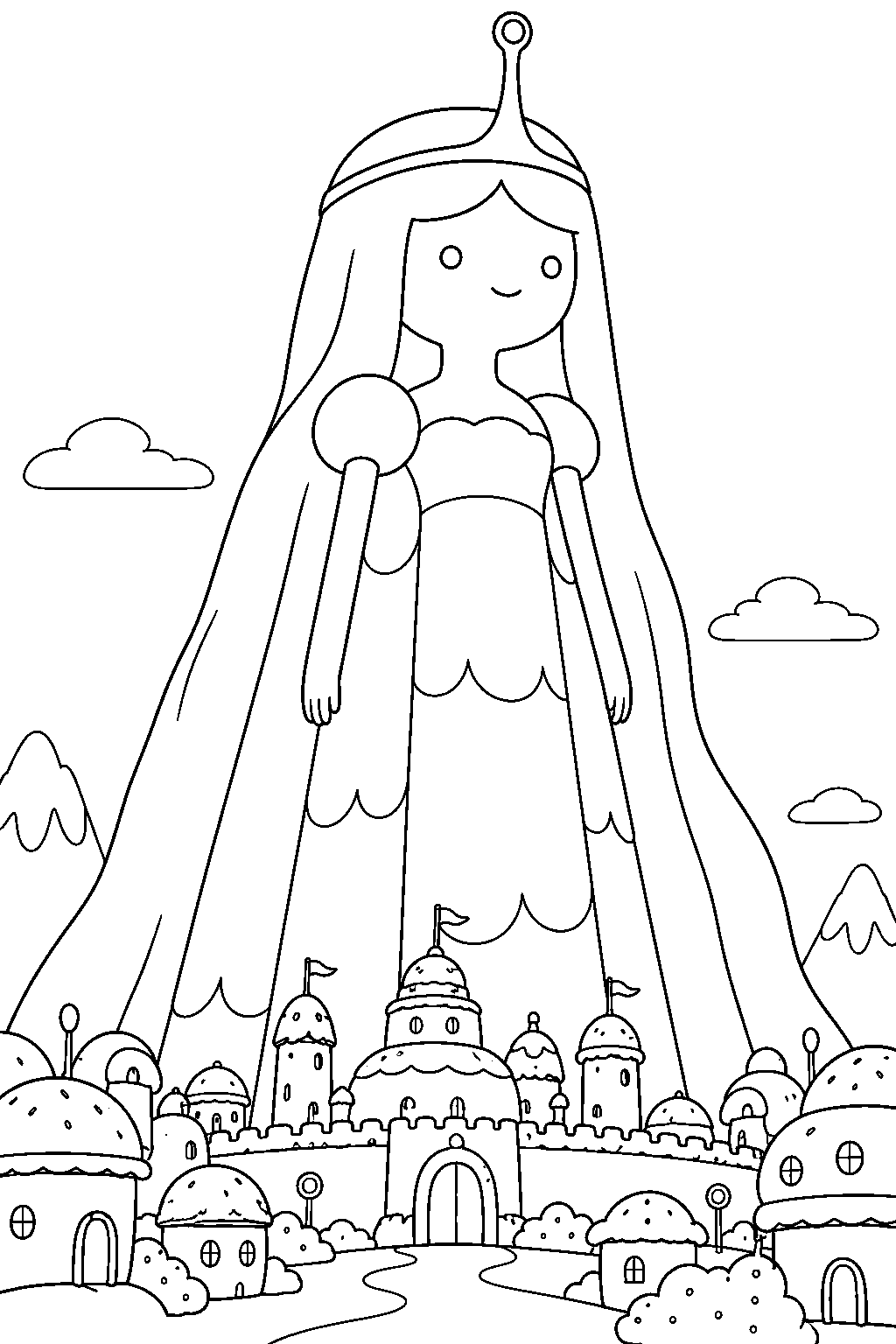 adventure time princess bubblegum in her giant candy elemental tower form above the candy kingdom line art