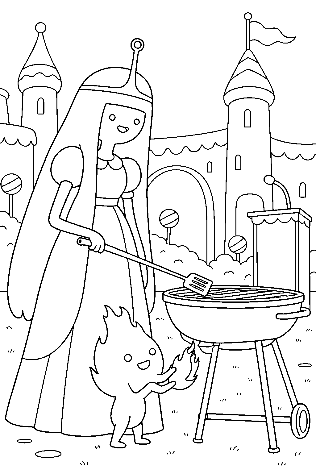 adventure time princess bubblegum lighting the grill with flambo at her science barbecue line art