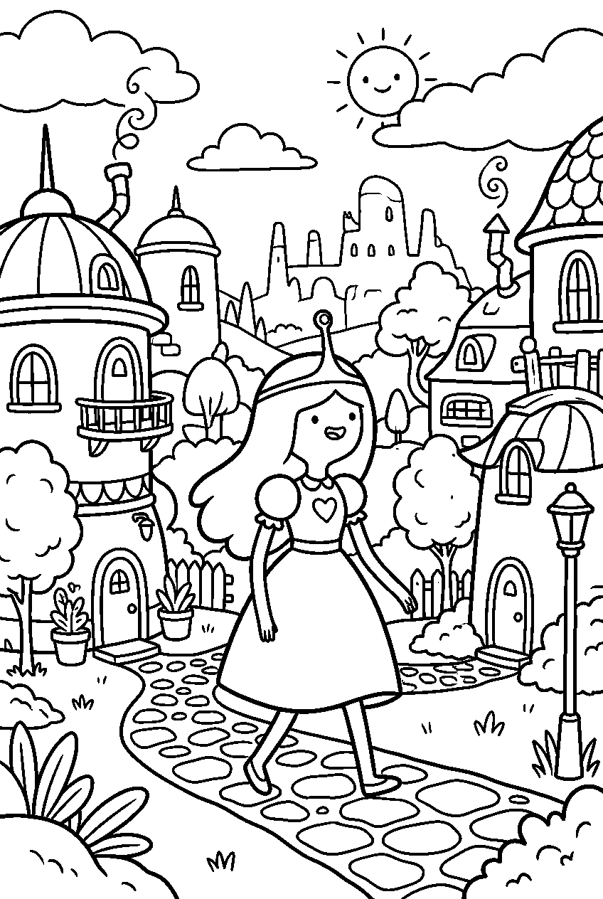 adventure time princess bubblegum looking around in magical village line art