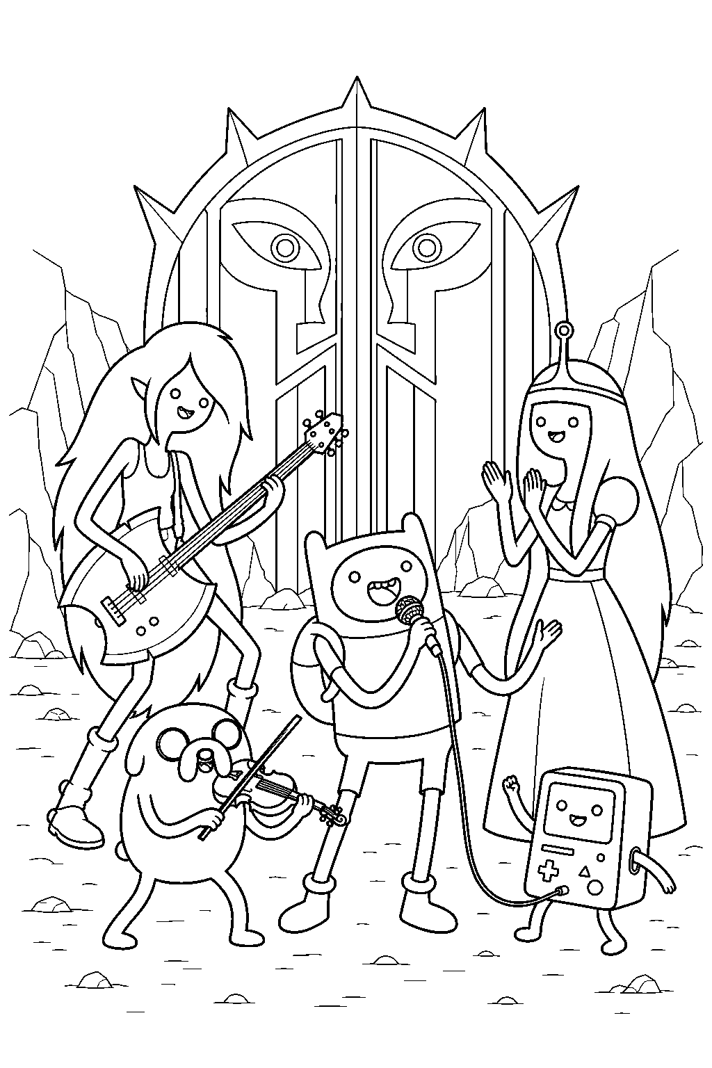 adventure time princess bubblegum performing with finn jake bmo and marceline at the door lord s gate line art