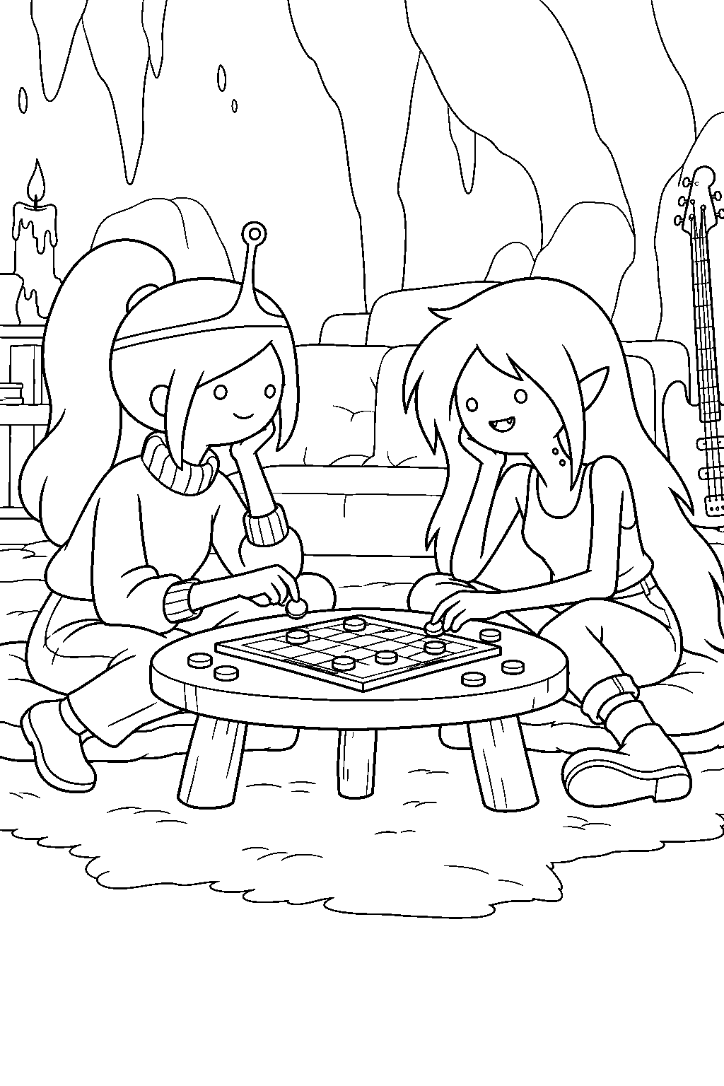adventure time princess bubblegum playing a board game with marceline in their cave home line art