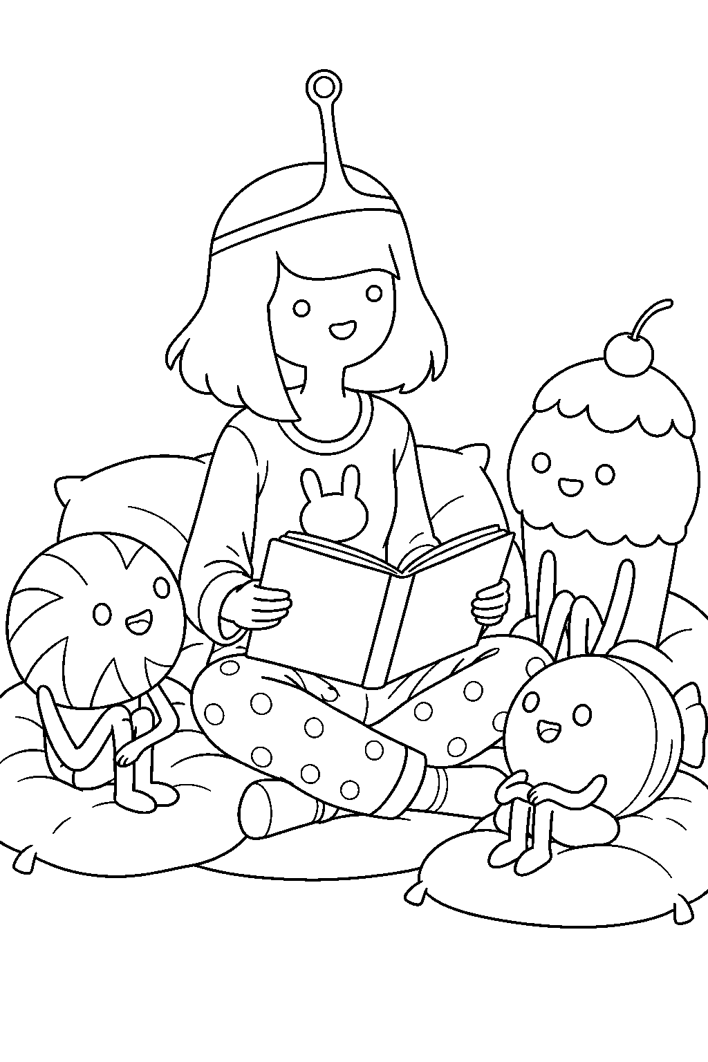 adventure time princess bubblegum reading a bedtime story to the candy people in her pajamas line art