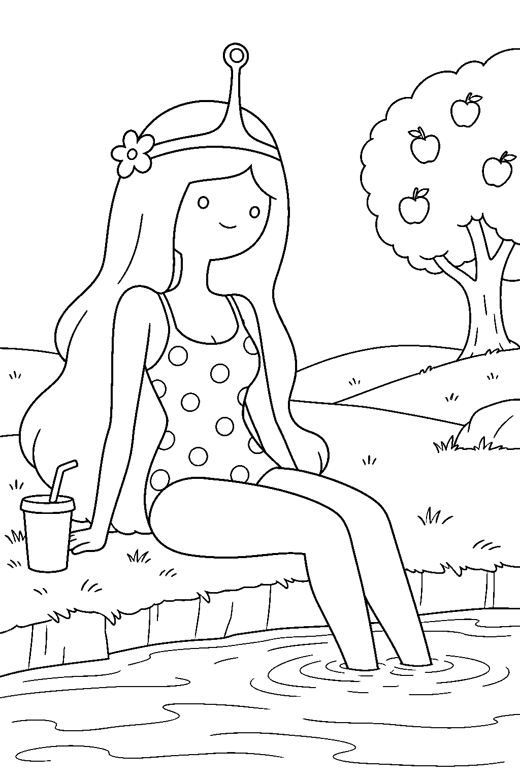 adventure time princess bubblegum relaxing in her polka dot swimsuit at the apple cider pond line art