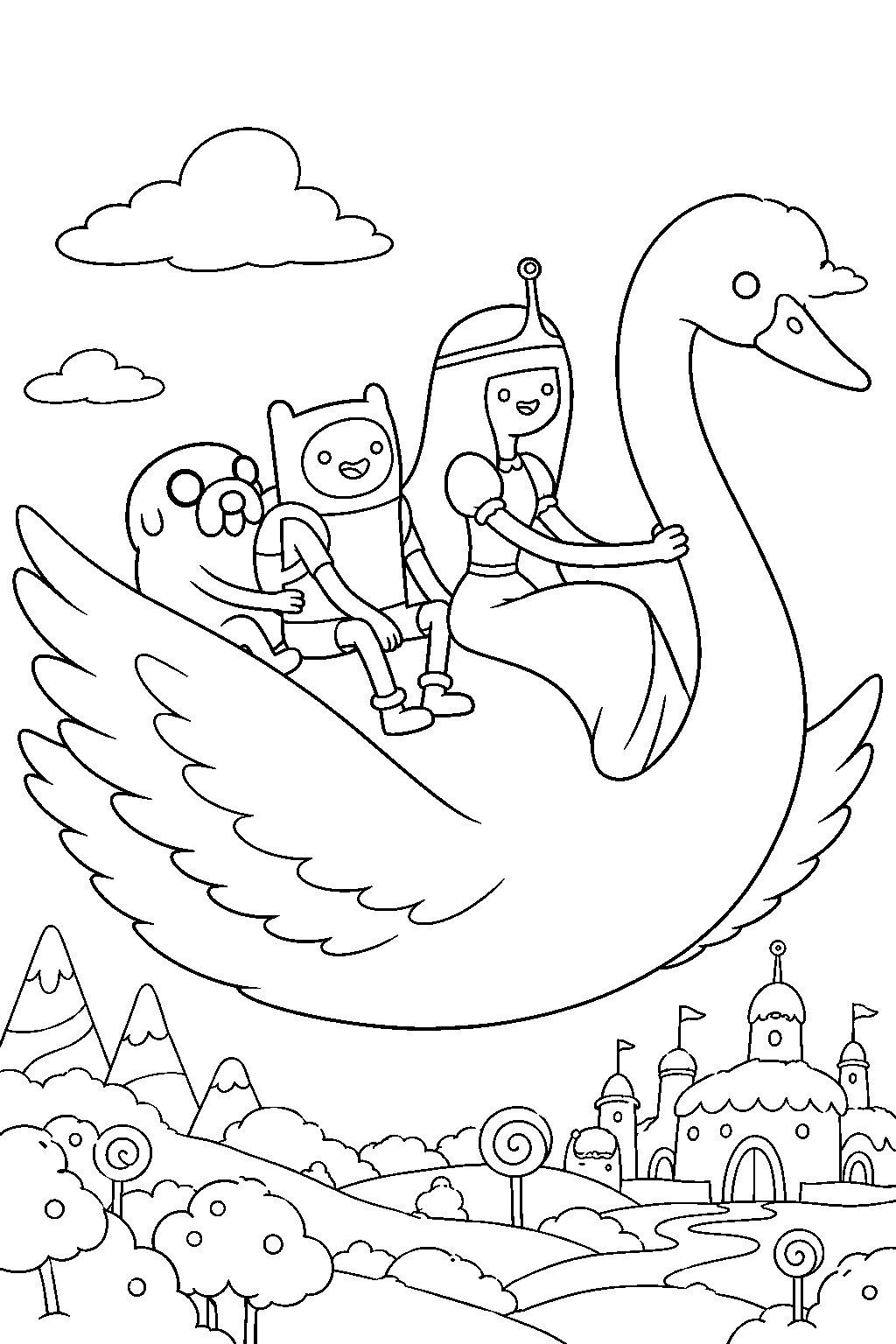 adventure time princess bubblegum riding her giant swan with finn and jake to find neddy line art
