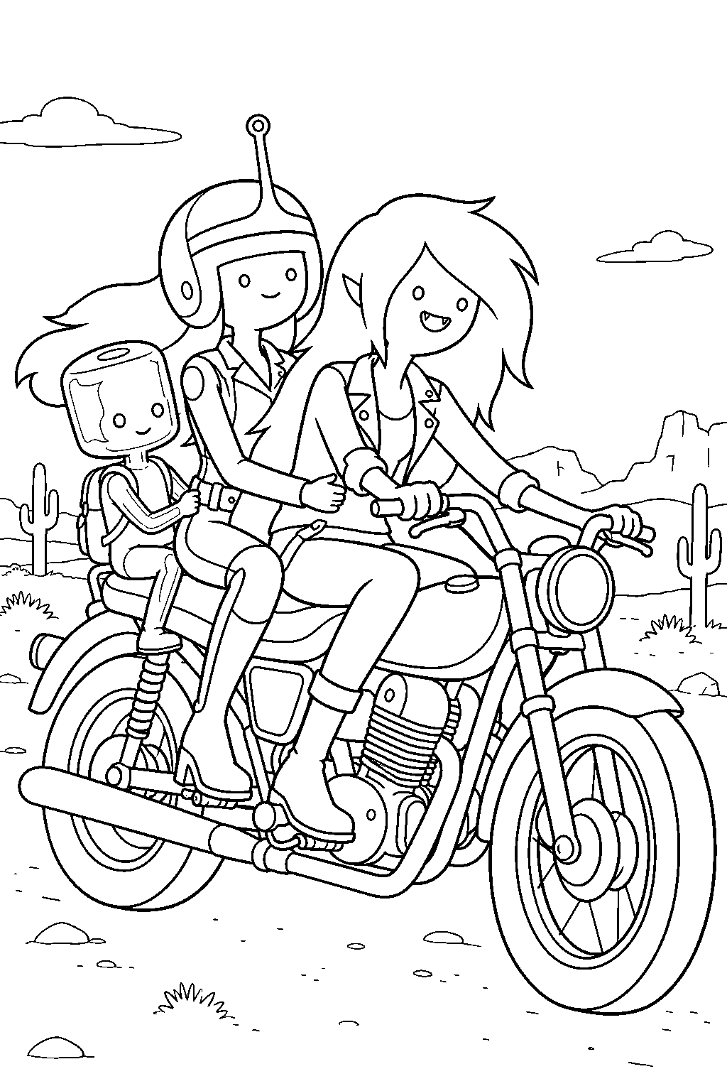 adventure time princess bubblegum riding marceline s motorcycle with glassboy through the desert line art