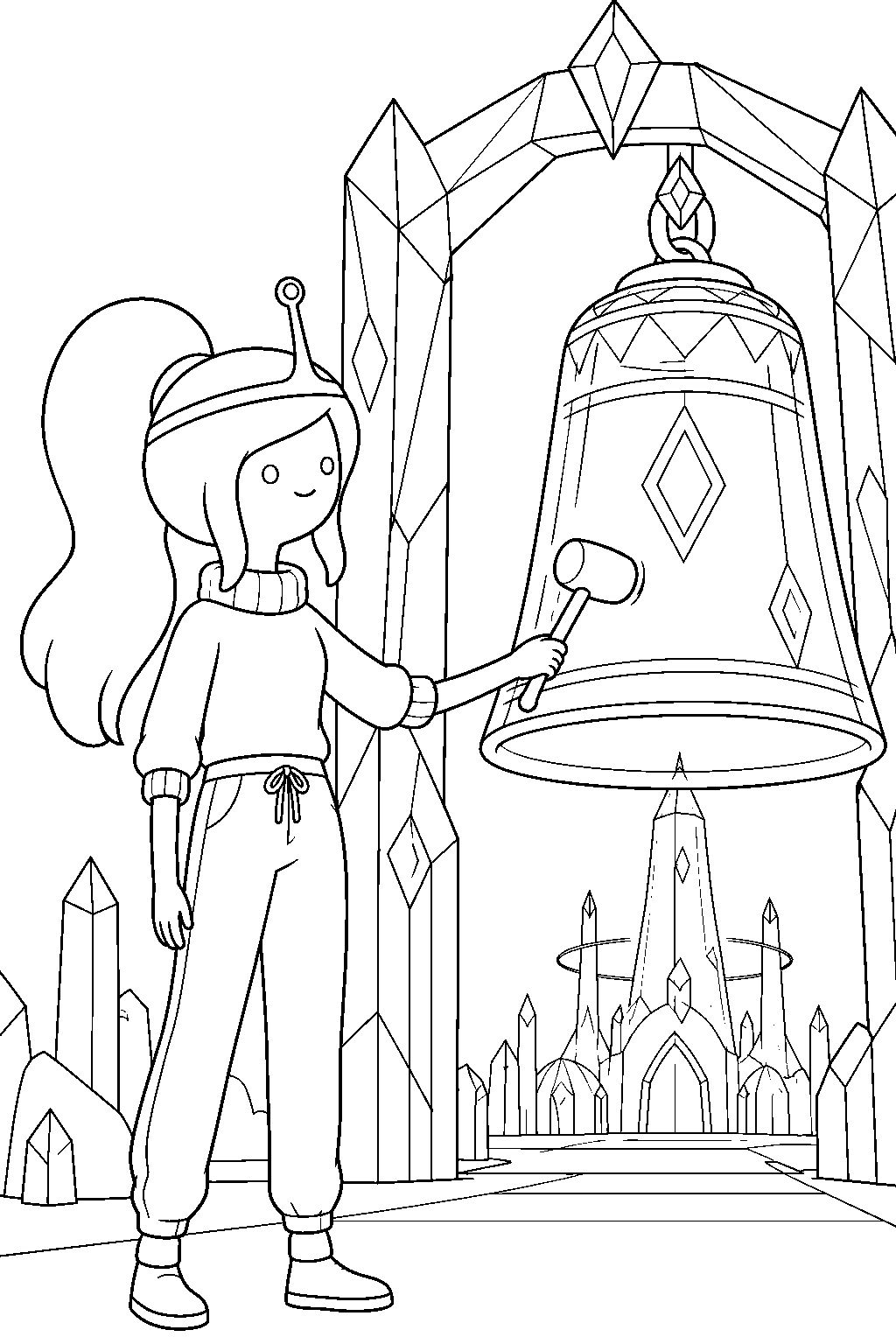 adventure time princess bubblegum ringing the giant ceremonial bell at the glass kingdom entrance line art