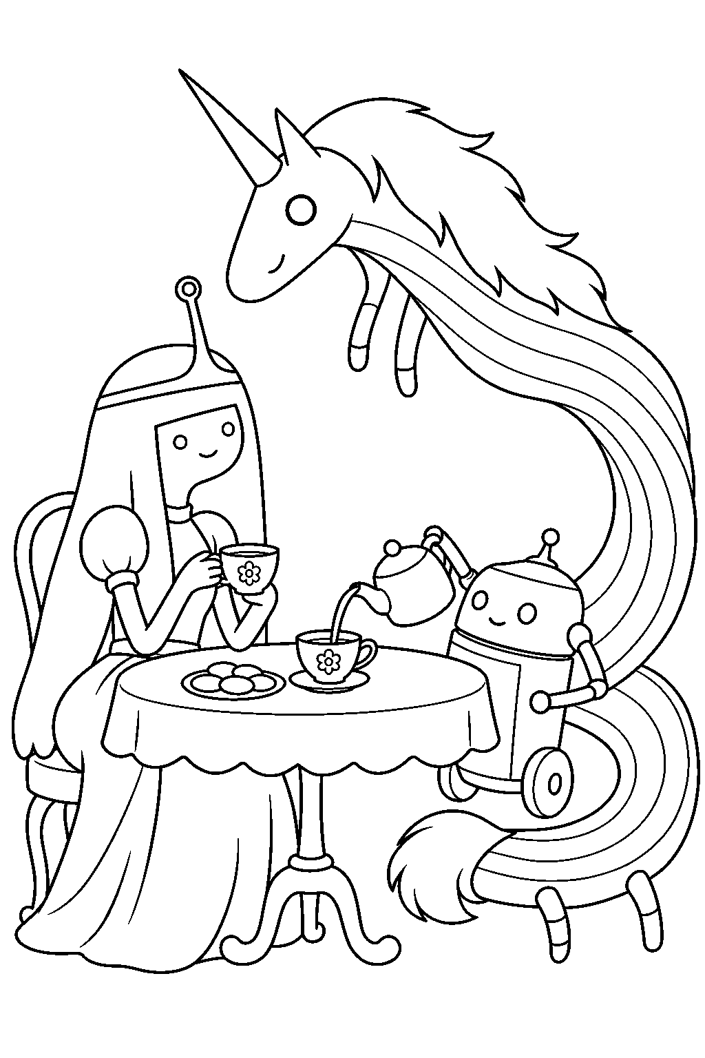 adventure time princess bubblegum serving tea to lady rainicorn with her tea robot line art