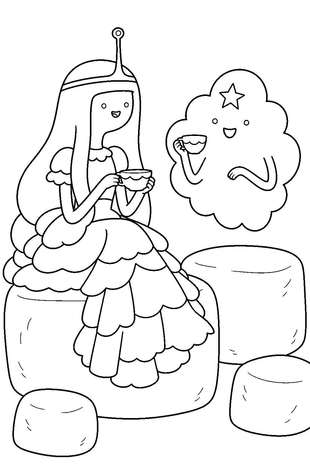 adventure time princess bubblegum sharing tea with lumpy space princess on giant marshmallows line art