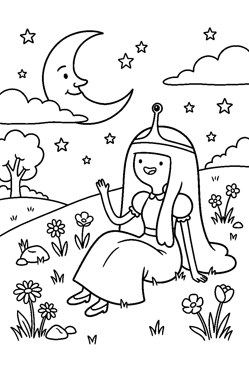 adventure time princess bubblegum sitting in moonlit meadow line art