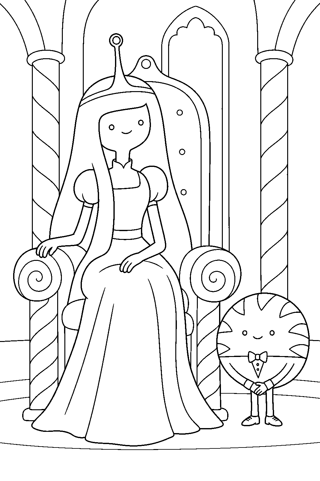 adventure time princess bubblegum sitting on her throne with peppermint butler line art