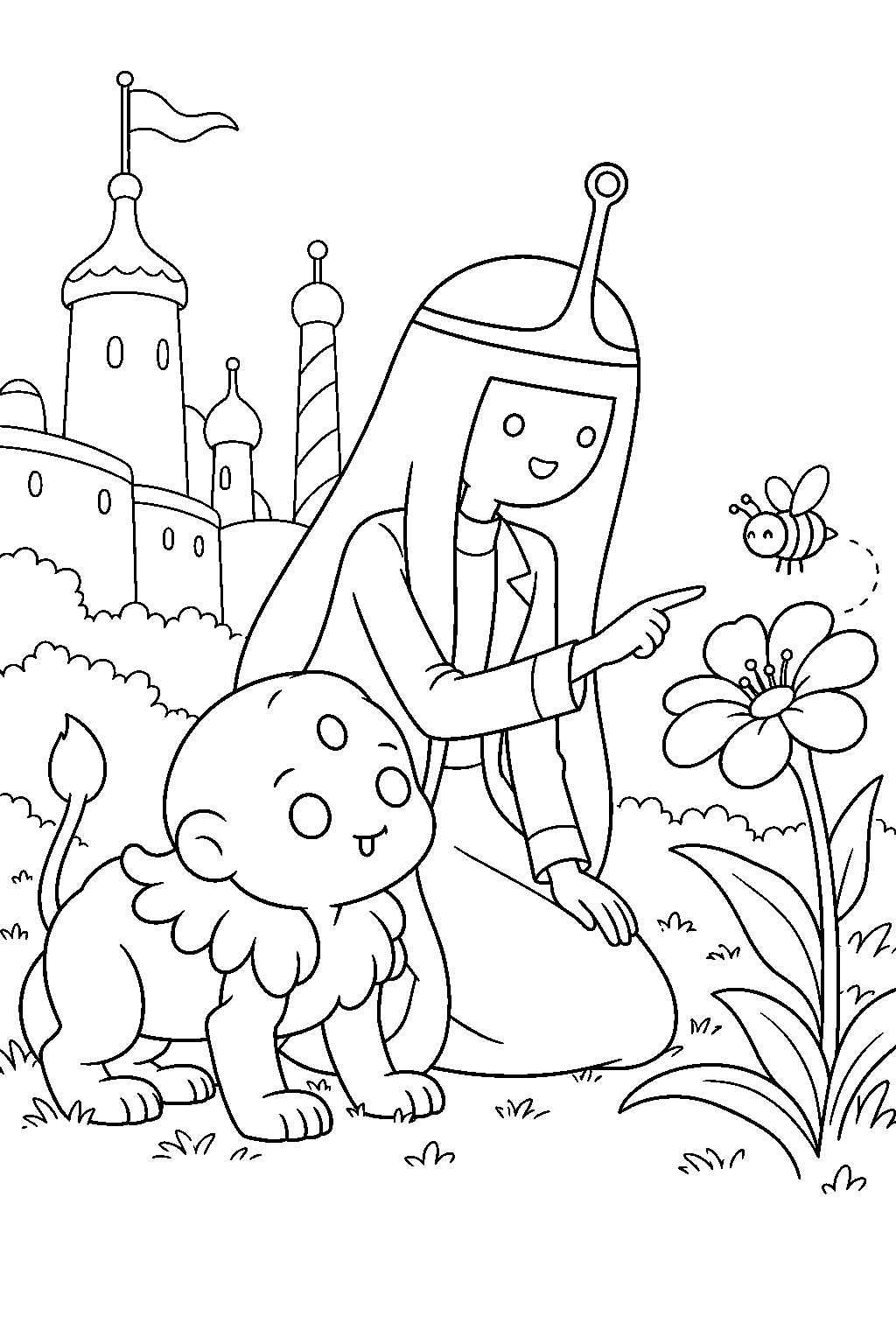 adventure time princess bubblegum teaching goliad about a bee and a flower in the castle garden line art