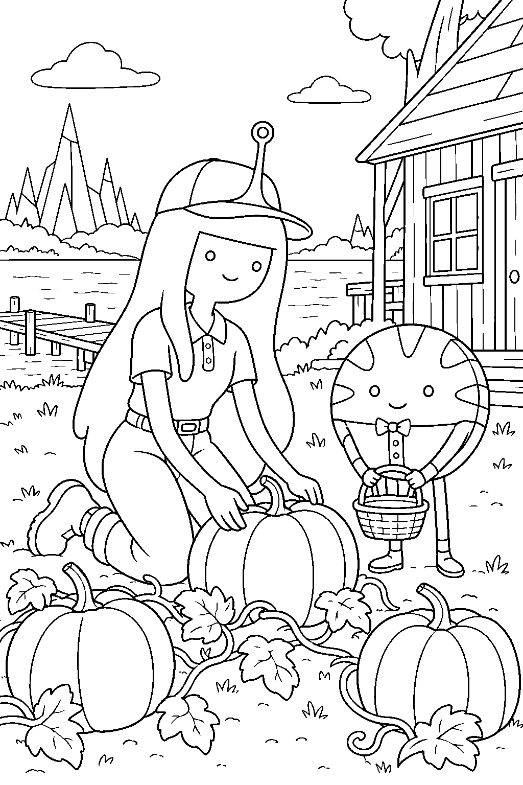 adventure time princess bubblegum tending her pumpkin garden with peppermint butler beside her lakeside cabin line art