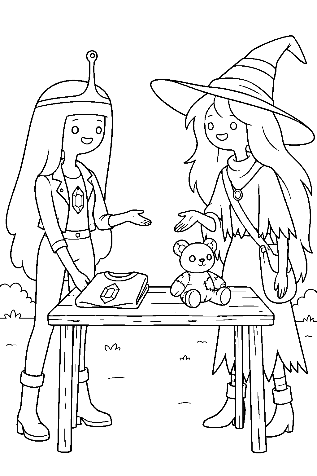 adventure time princess bubblegum trading her rock shirt to maja the sky witch for hambo line art