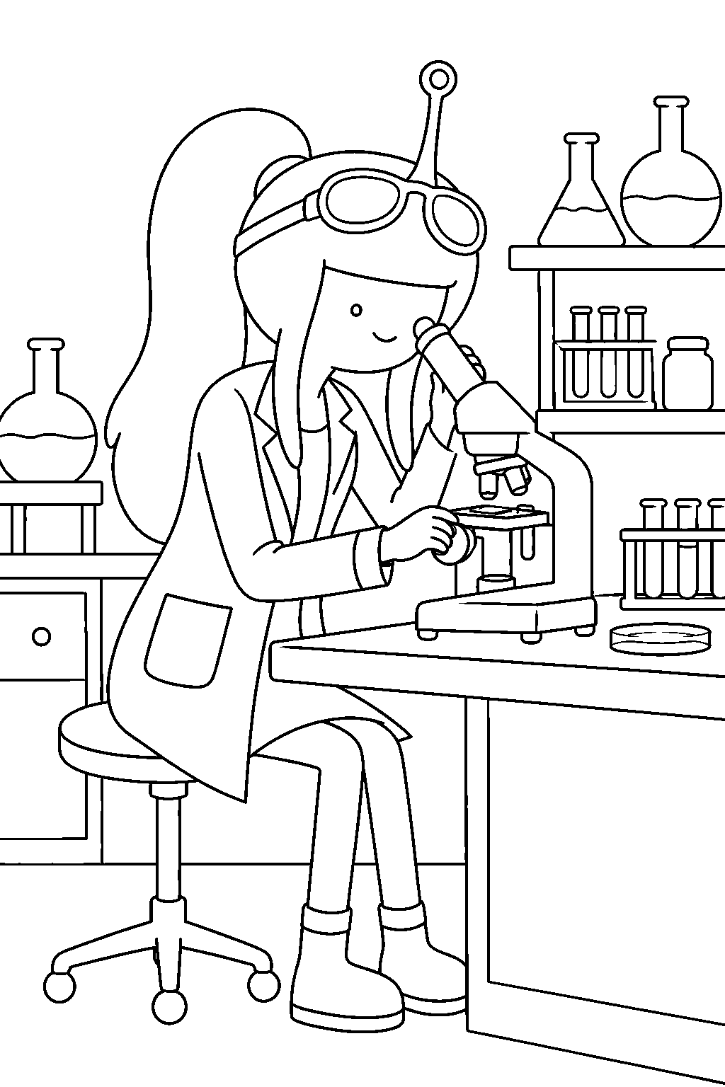 adventure time princess bubblegum using a microscope in her science laboratory line art