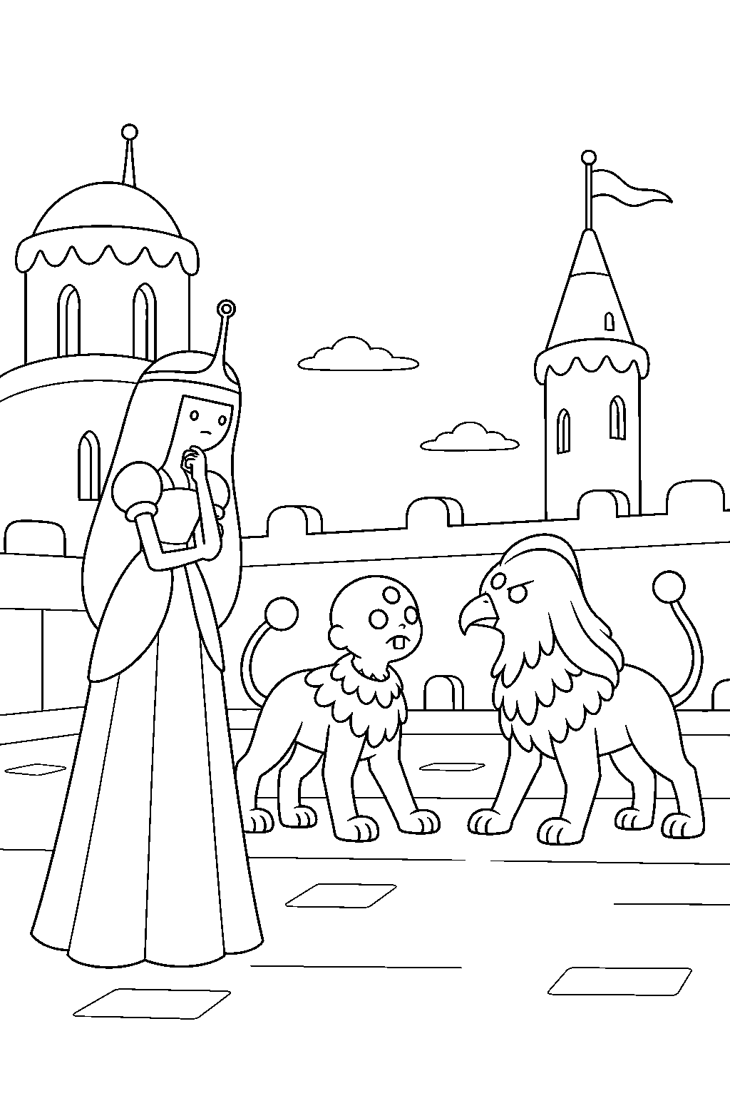 adventure time princess bubblegum watching stormo and goliad face each other on the castle roof line art