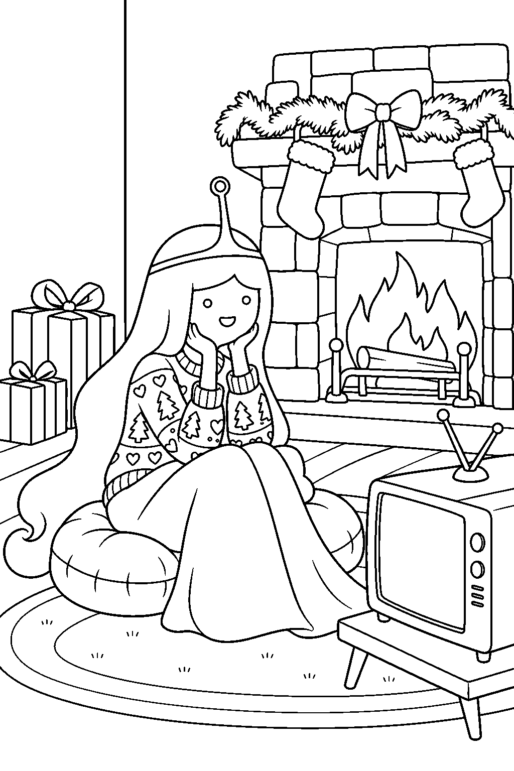 adventure time princess bubblegum wearing her christmas sweater and watching videos by the fireplace line art