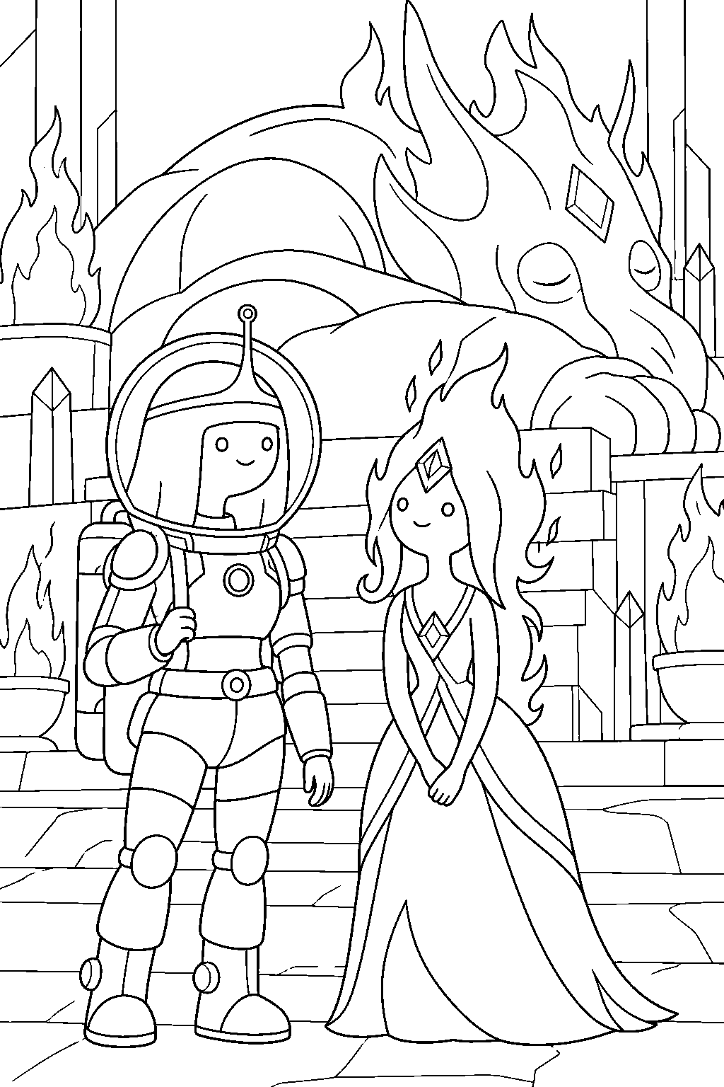 adventure time princess bubblegum wearing her fireproof suit beside flame princess and the sleeping gods line art