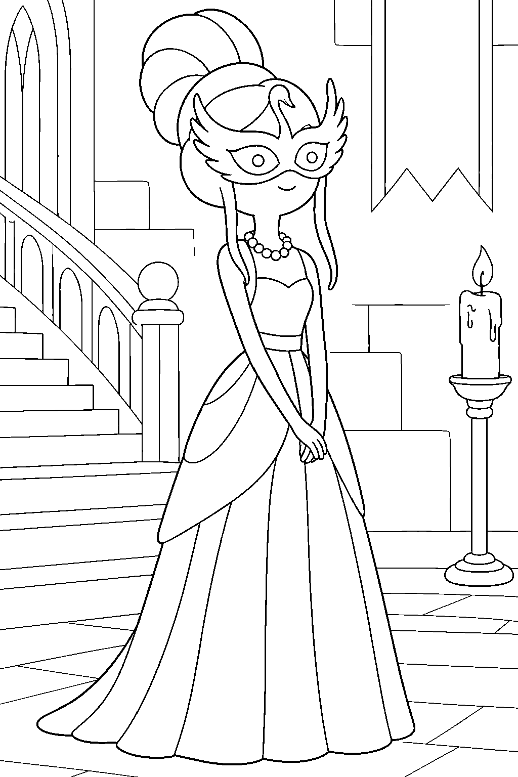 adventure time princess bubblegum wearing her swan mask and pearl necklace at the haunted masquerade line art