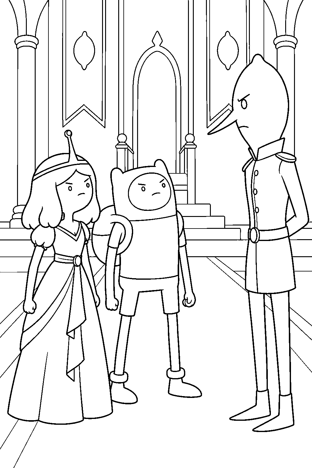adventure time thirteen year old princess bubblegum and finn confronting lemongrab in the throne room line art