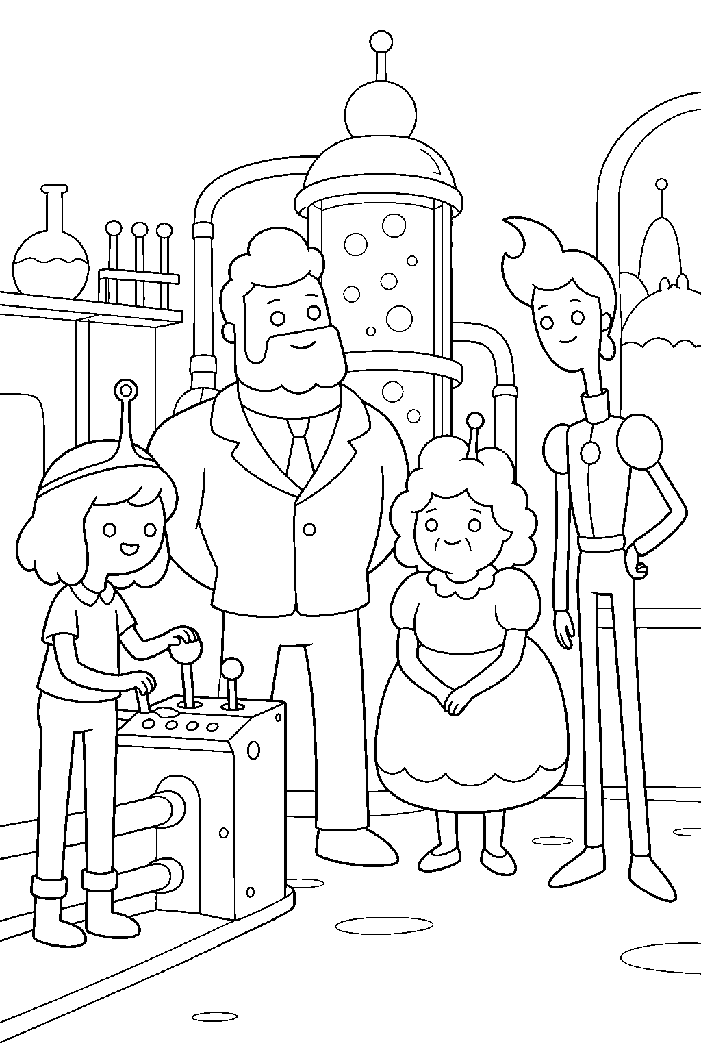 adventure time young princess bubblegum creating uncle gumbald aunt lolly and cousin chicle in her workshop line art