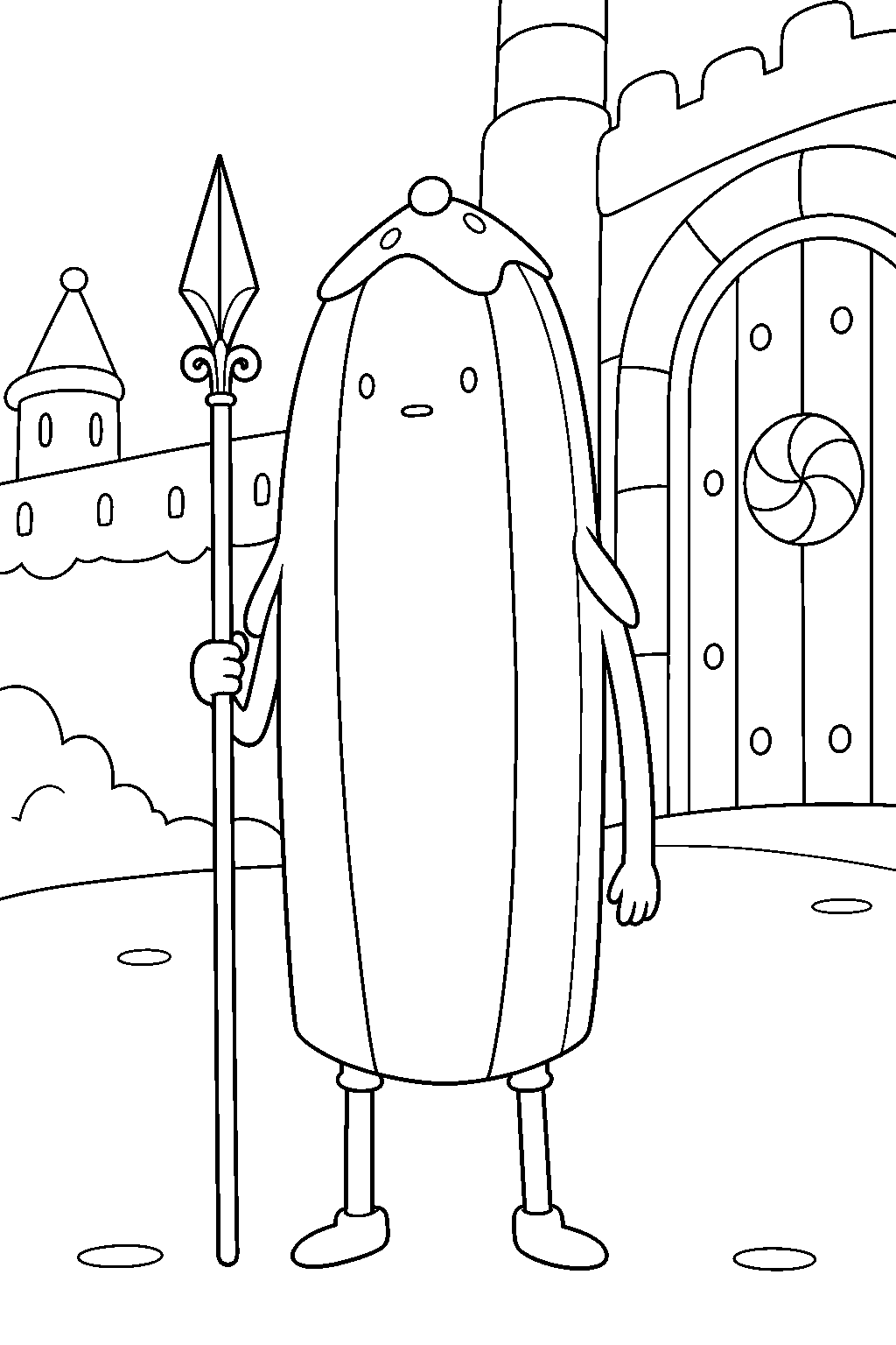 adventure time banana guard holding his spear at the candy castle gate line art