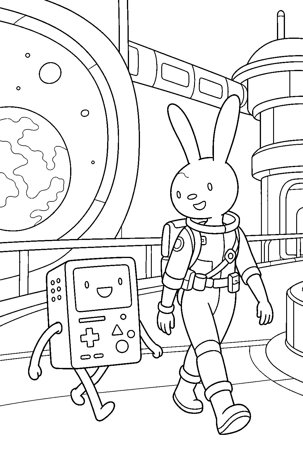 adventure time bmo and y5 exploring the drift space station line art