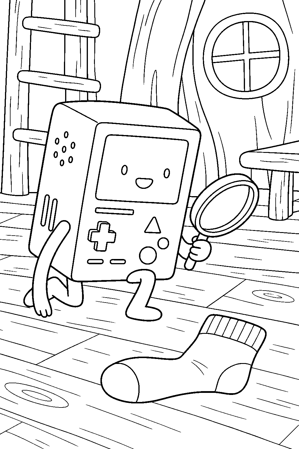 adventure time bmo investigating finn s missing sock as a detective line art