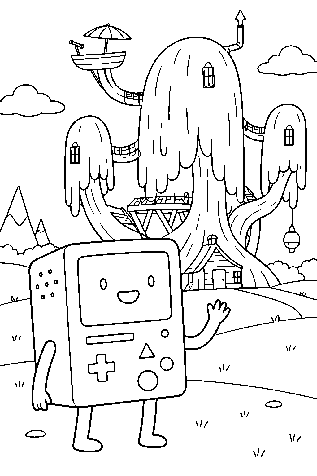 adventure time bmo waving beside the tree house line art