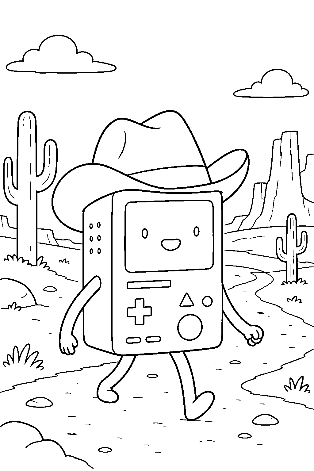 adventure time bmo wearing a cowboy hat on a desert trail line art