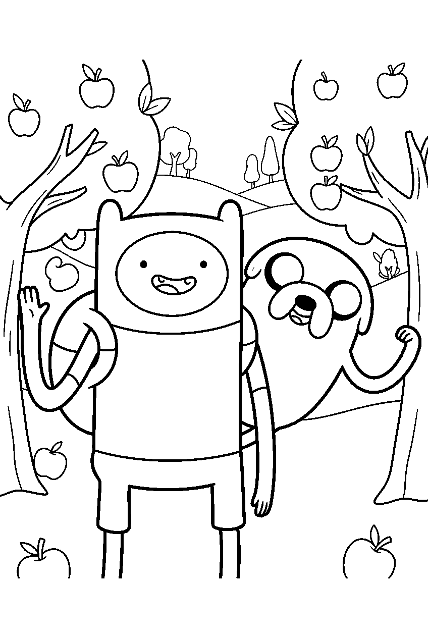 adventure time characters in apple orchard line art