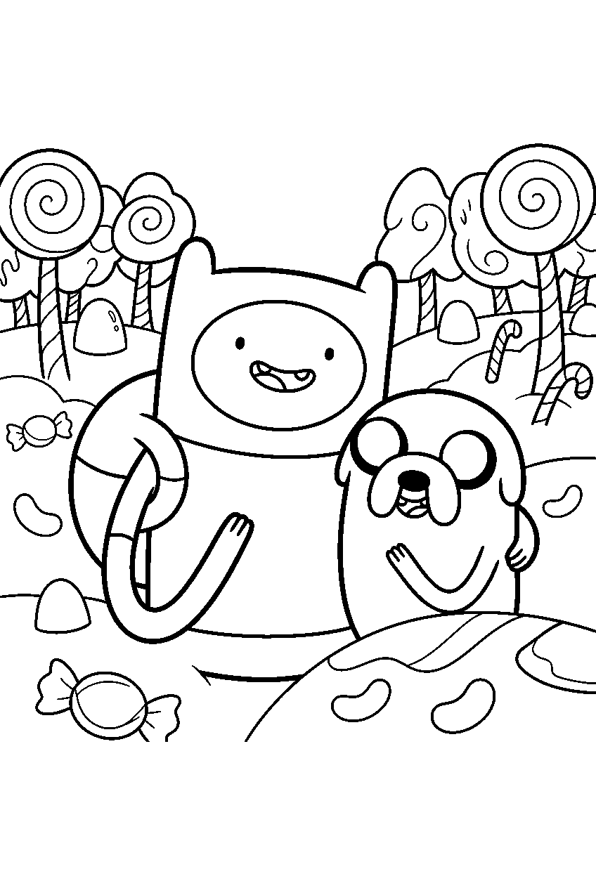 adventure time characters in candy forest line art