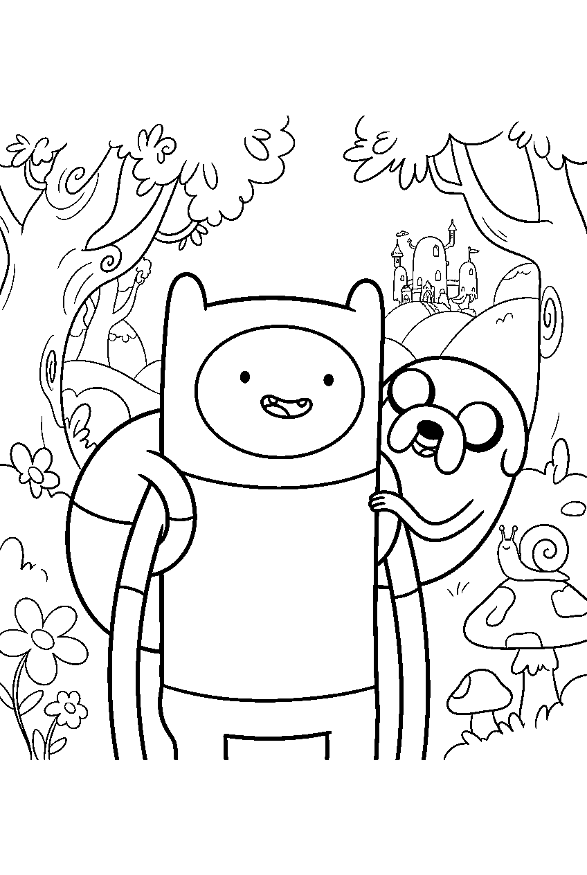 adventure time characters in enchanted forest line art