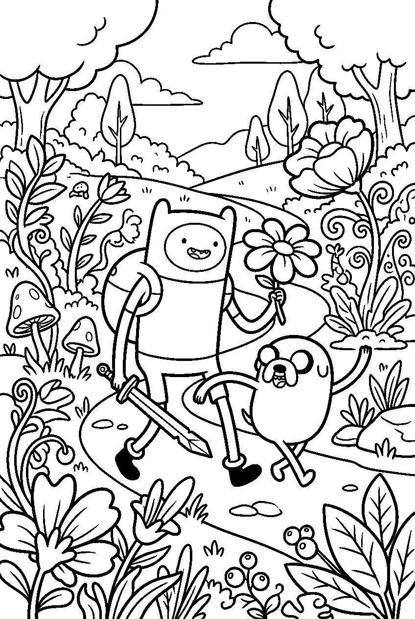 adventure time characters in enchanted garden line art