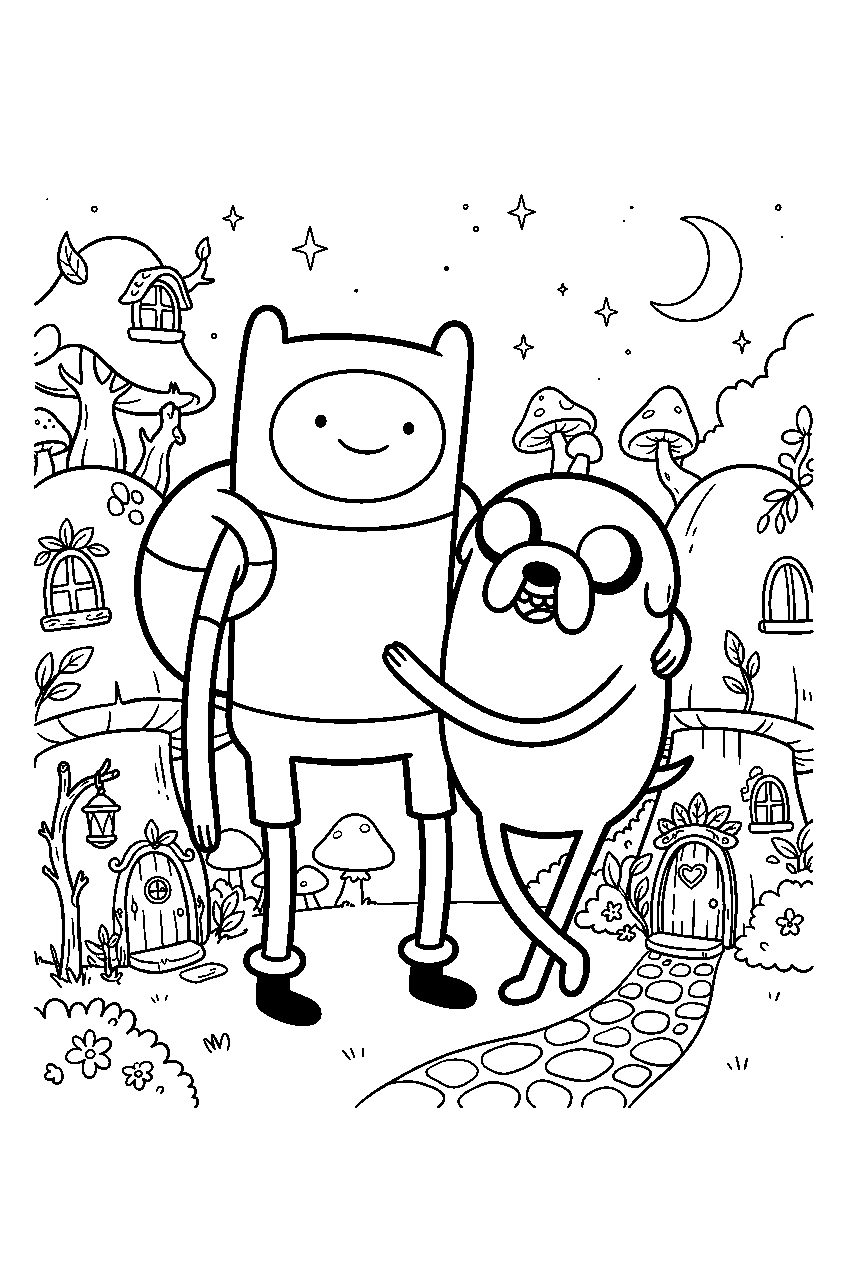adventure time characters in fairy village line art