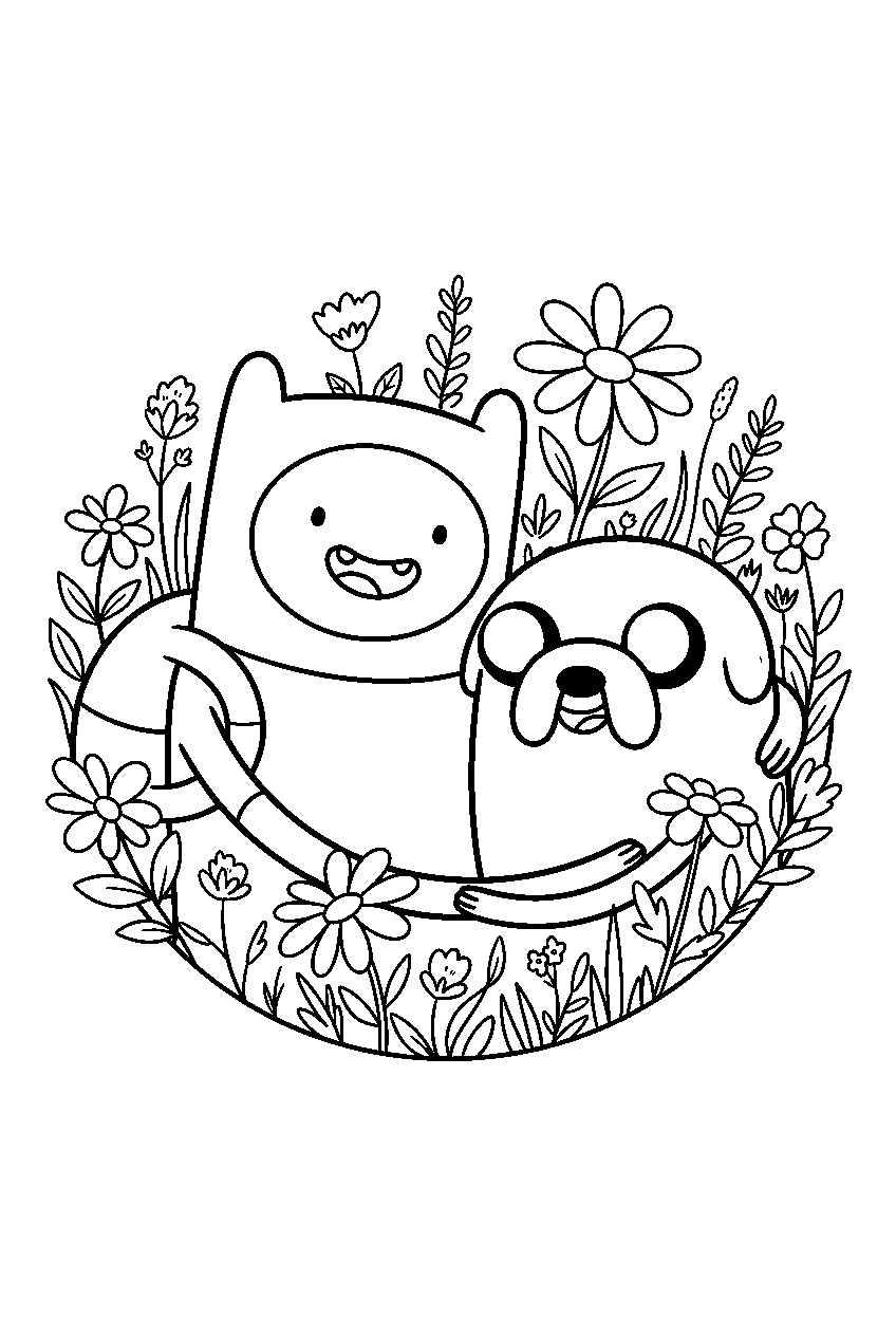 adventure time characters in flower meadow line art